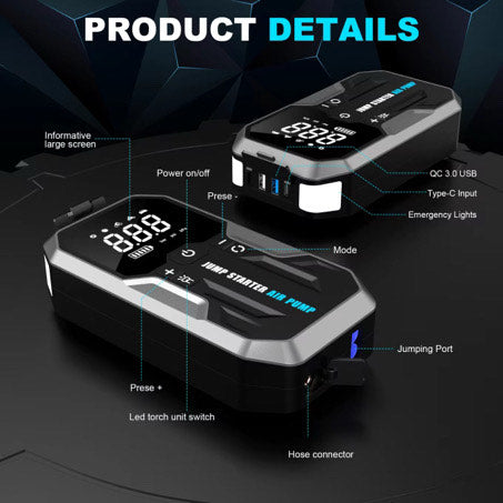 Portable 4-in-1 Car Jump Starter with Air Inflator & Power Bank